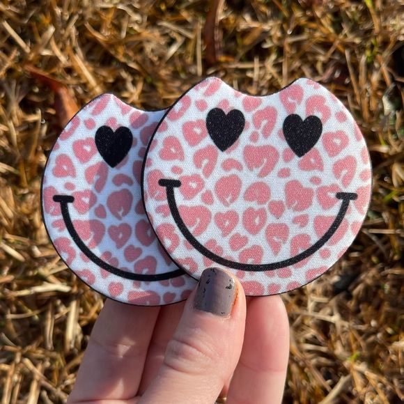 Pink Smiley Face Car Coaster Set - Picture 3 of 13